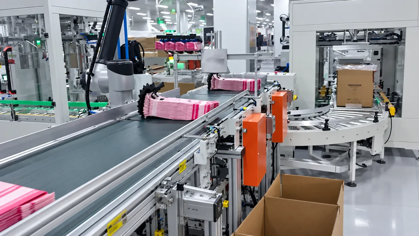Linha de produção automatizada com braço robótico e esteira levando sacolas para embalagem