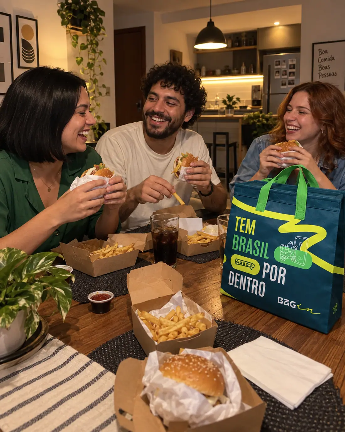 Amigos à noite em casa com lanches e a Bagin