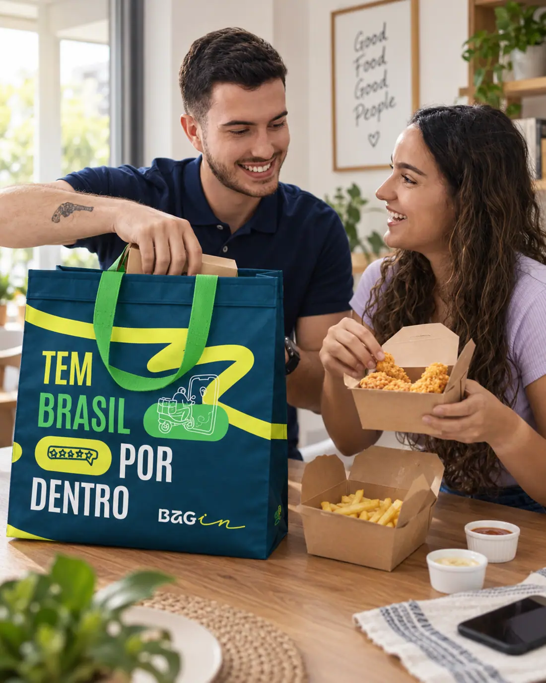 Amigos comendo lanches com a Bagin na mesa