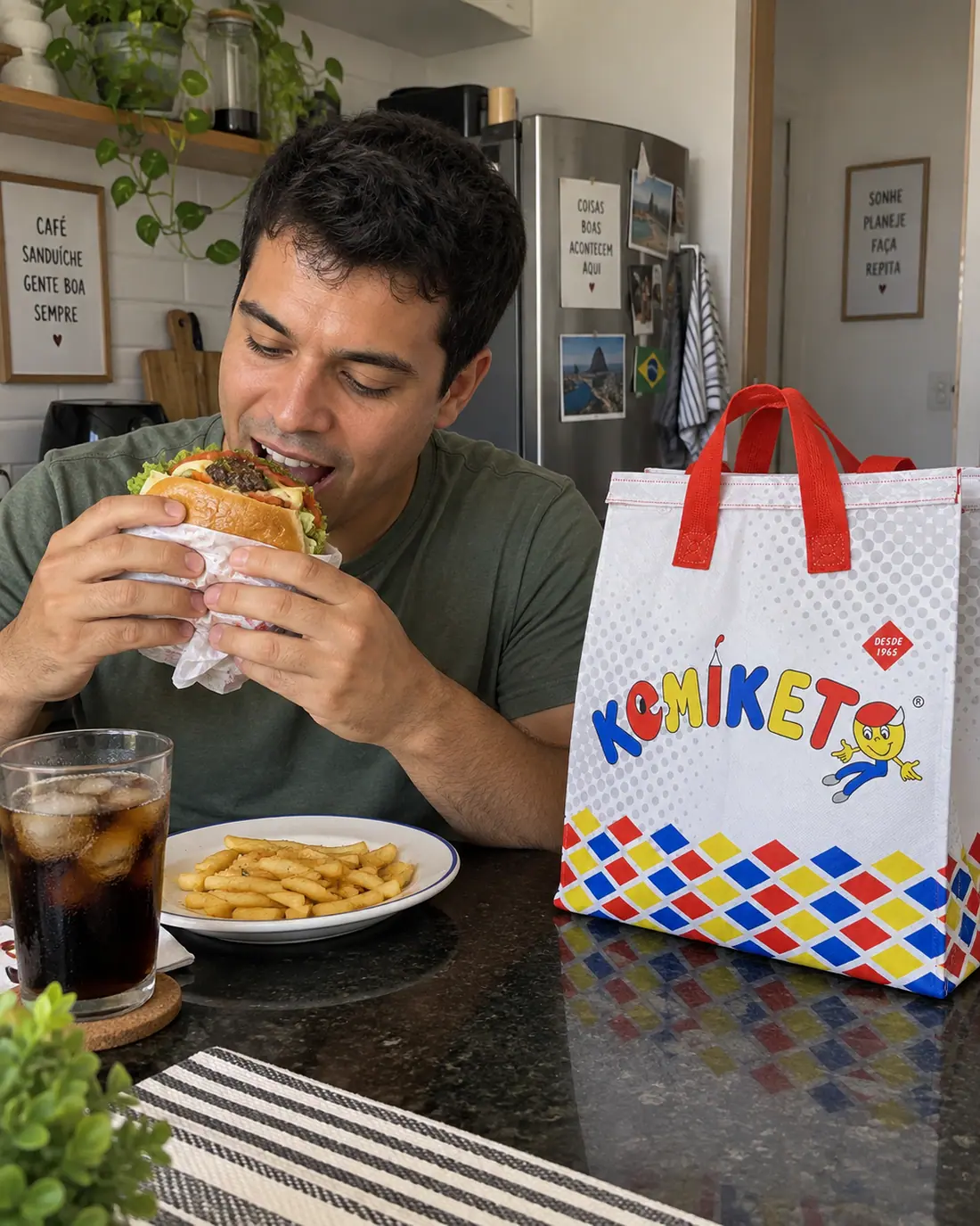 Cliente comendo um lanche ao lado de uma bag térmica personalizada com a marca do restaurante