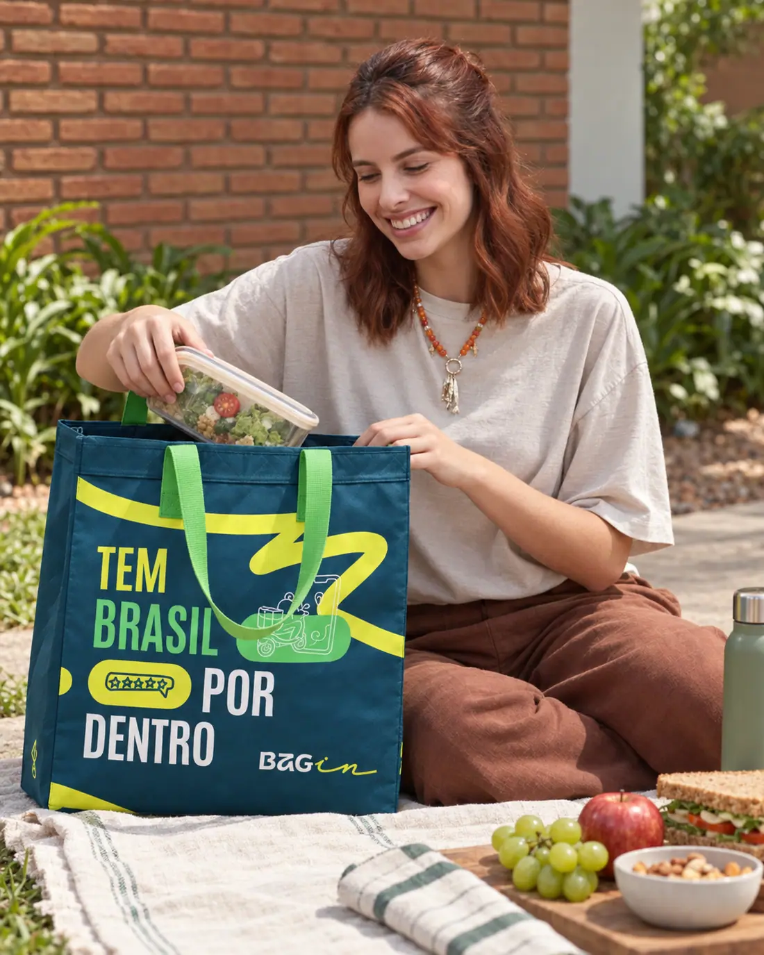 Mulher abrindo marmita em um piquenique com a Bagin